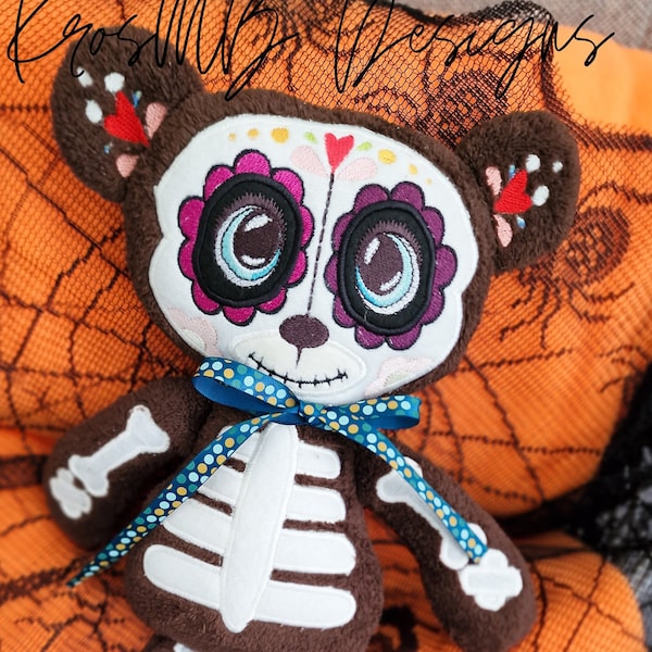 ITH in the hoop machine embroidery sugar skull Teddy bear design, day of the dead, dia de los muertos teddy