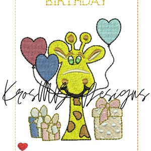 Giraffe Birthday Card Embroidery Design: Balloon Animal (Digital Download)