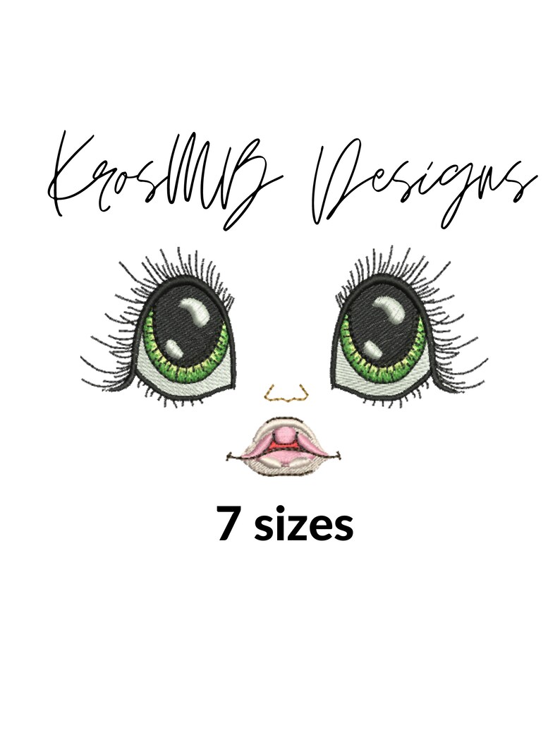 May include: Embroidered design of a cartoon face with large green eyes, a small nose, and a pink mouth. The text "7 sizes" is below the face.