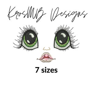 May include: Embroidered design of a cartoon face with large green eyes, a small nose, and a pink mouth. The text "7 sizes" is below the face.