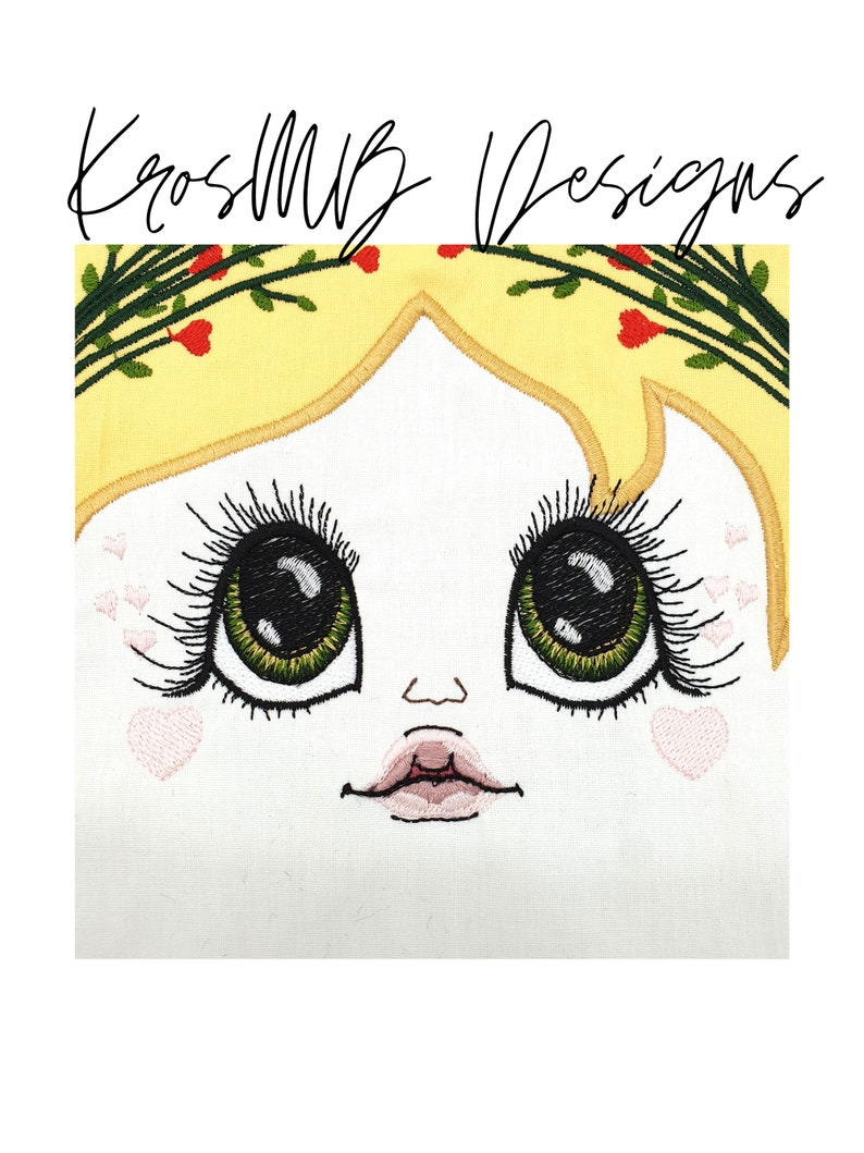 May include: Embroidered design of a girl's face with large green eyes, black eyelashes, a pink mouth, and a yellow crown of flowers.