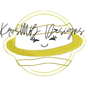May include: A yellow cartoon planet with a smiling face and rings. The planet has a simple, hand-drawn style.