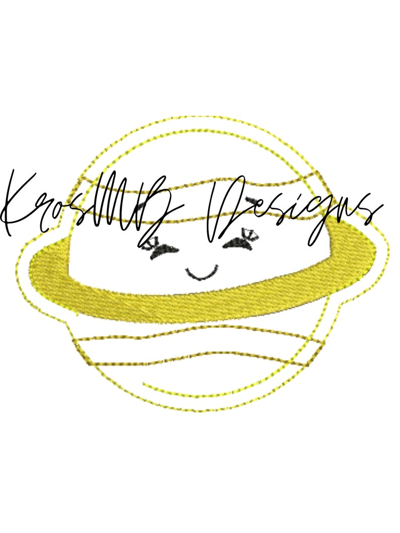 May include: A yellow cartoon planet with a smiling face and rings. The planet has a simple, hand-drawn style.