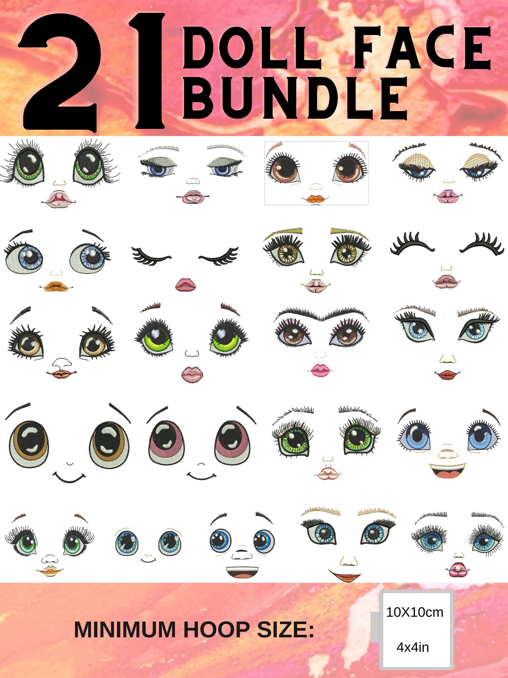Doll Face Machine Embroidery Designs: 21 ITH Patterns (4x4 Hoop) (Instant Download)