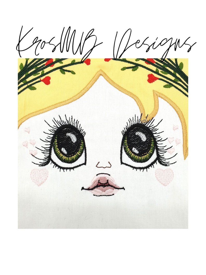 May include: Embroidered design of a girl's face with large green eyes, black eyelashes, a pink mouth, and a yellow crown of flowers.