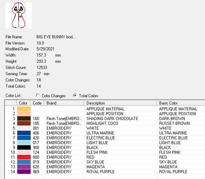 RABBIT EMBROIDERY DESIGN COLOR SEQUENCE