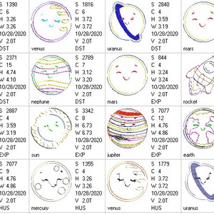 May include: A colorful chart with illustrations of planets and other celestial bodies. Each illustration is labeled with the name of the celestial body, its size, height, width, and date. The chart also includes the letters DST, EXP, and HUS.