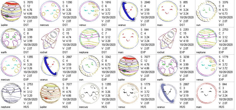 May include: A colorful chart with illustrations of planets and other celestial bodies. Each illustration is labeled with the name of the celestial body, its size, height, width, and date. The chart also includes the letters DST, EXP, and HUS.