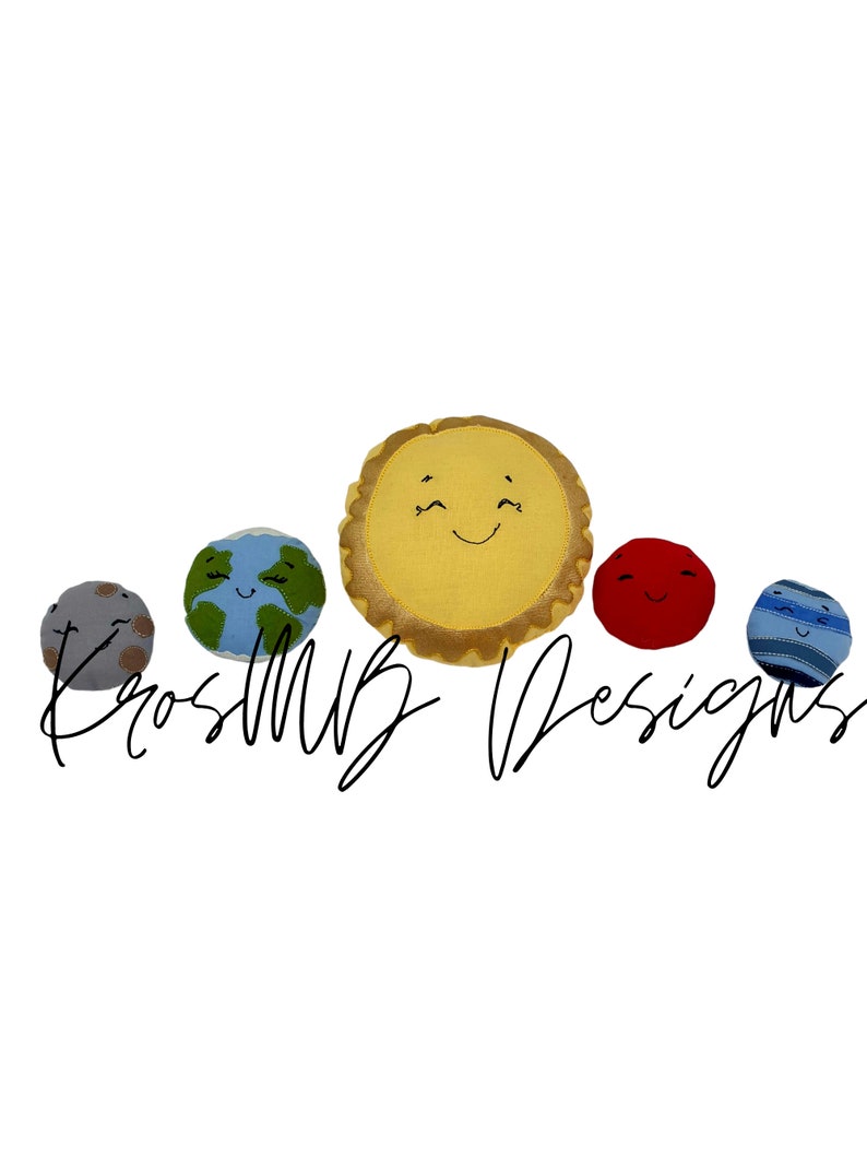 May include: A set of five plush planets, including the sun, earth, mars, and two other planets. The planets have smiling faces and are made of soft, colorful fabric. The sun is yellow, earth is blue and green, mars is red, and the other two planets are gray and blue. The planets are arranged in a line, with the sun in the middle. The text "KrosMB Designs" is visible below the planets.