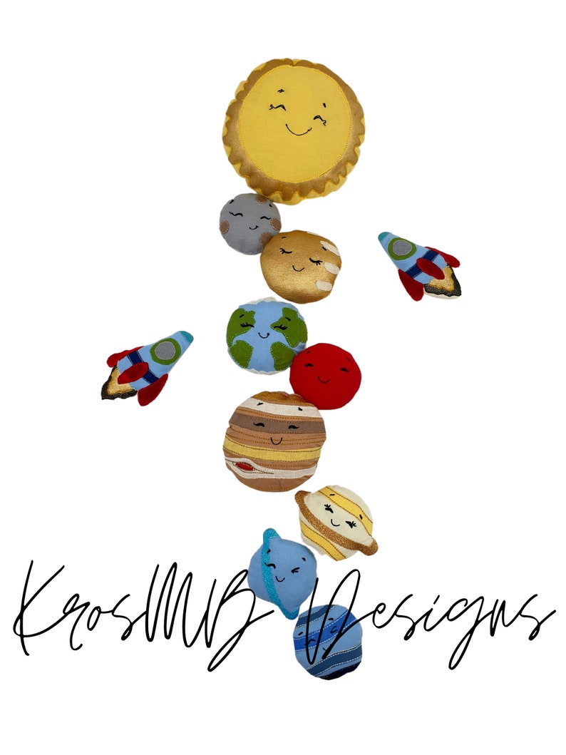 May include: A set of plush toys depicting the sun and planets in our solar system. The sun is yellow with a smiling face, and the planets are various colors with smiling faces. There are also two small red and blue rockets.