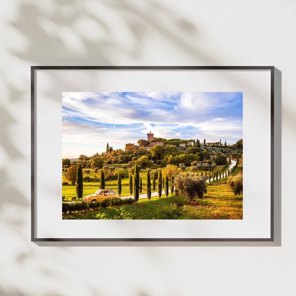 Tuscany Brunello wine road fine art photo print, Italy landscape travel photography, Fiat 500 and cypress trees Pienza Italy Wall Art gift