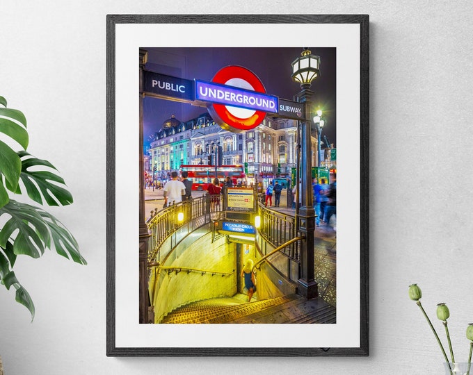 Piccadilly square night lights London photo print, London travel photography, London Wall Art, London gift iconic London underground station