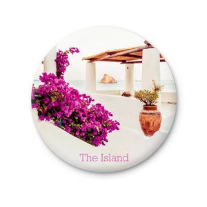 Sicily panorama scenic sea view fridge magnet, Sicilian terrace with purple flowers, fridge magnets, travel gift refrigerator magnet