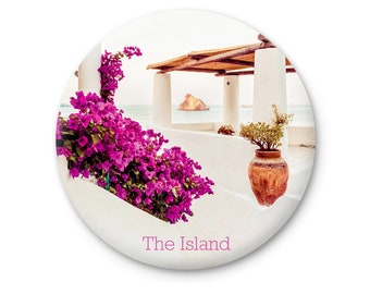 Sicily panorama scenic sea view fridge magnet, Sicilian terrace with purple flowers, fridge magnets, travel gift refrigerator magnet