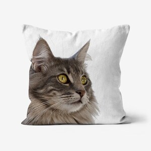 Cat white decorative cushion | Cat portrait double sided canvas pillow | Norwegian Forest Cat Pillow Cover | Minimalist Housewarming gift