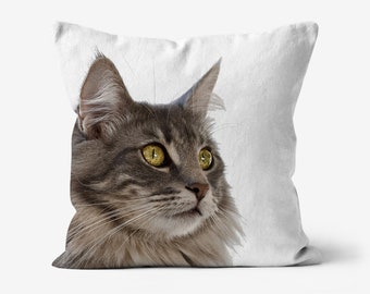 May include: A gray and white cat with yellow eyes looks to the right of the frame. The cat is on a white background.