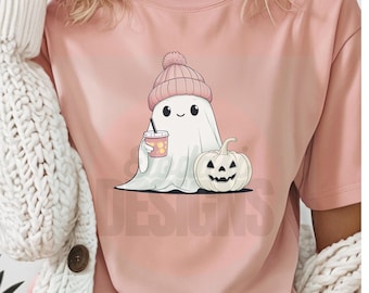 Fantôme douillet PNG | Sublimation mignonne d'automne d'Halloween | Citrouille pastel et fantôme de café en téléchargement numérique | Clipart chemise automne kawaii