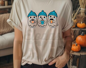 3 fichiers - Fantôme PNG | Sublimation d'Halloween pastel gothique | Téléchargement numérique de mignons fantômes de café rose | T-shirt Kawaii de la saison effrayante PNG