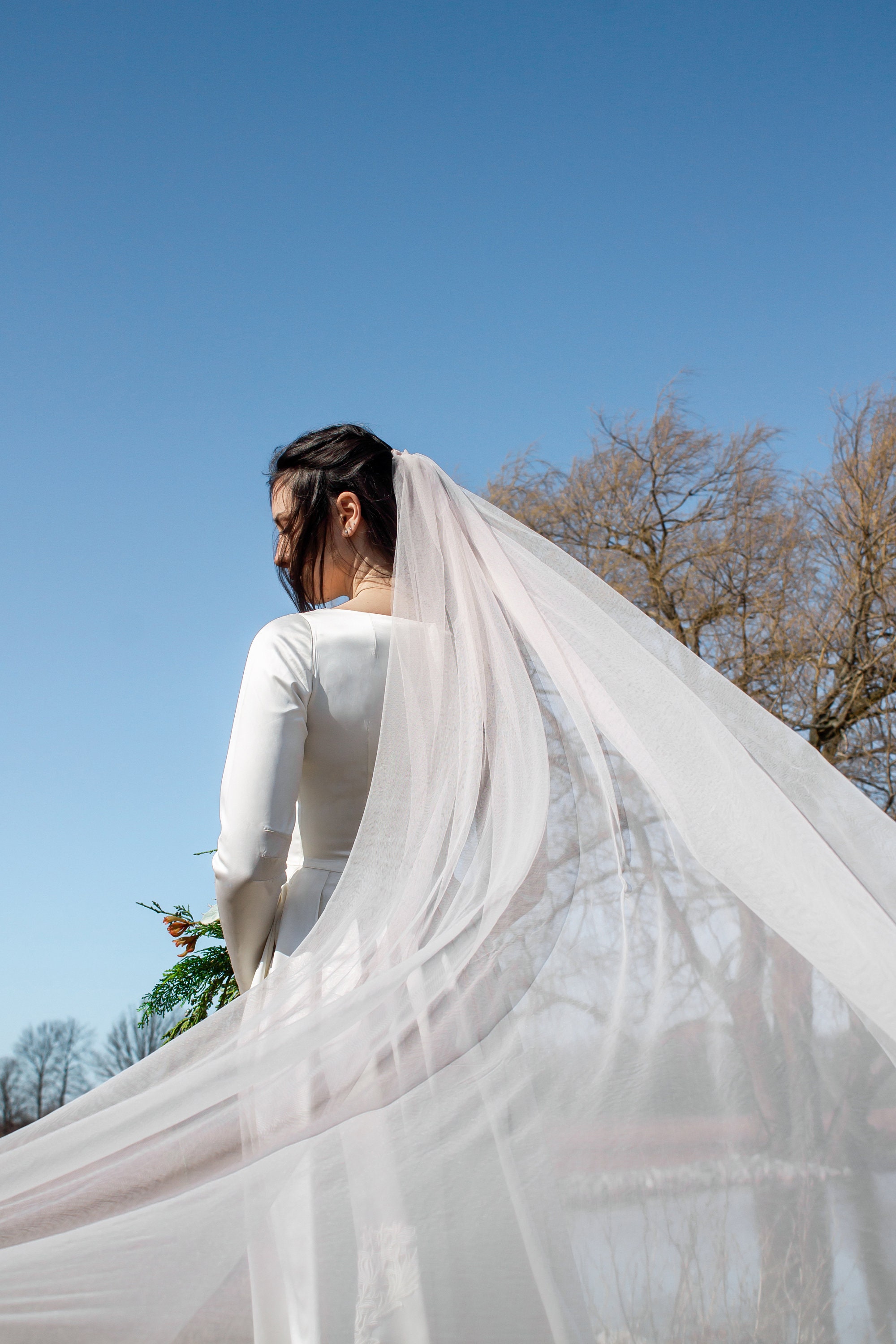 White/Ivory comb elbow length cathedral 2 tier wedding veil with diamond accent Perfect Bridal Ivory Two Tier Delicate Lace Edge Cathedral Veil main image 4