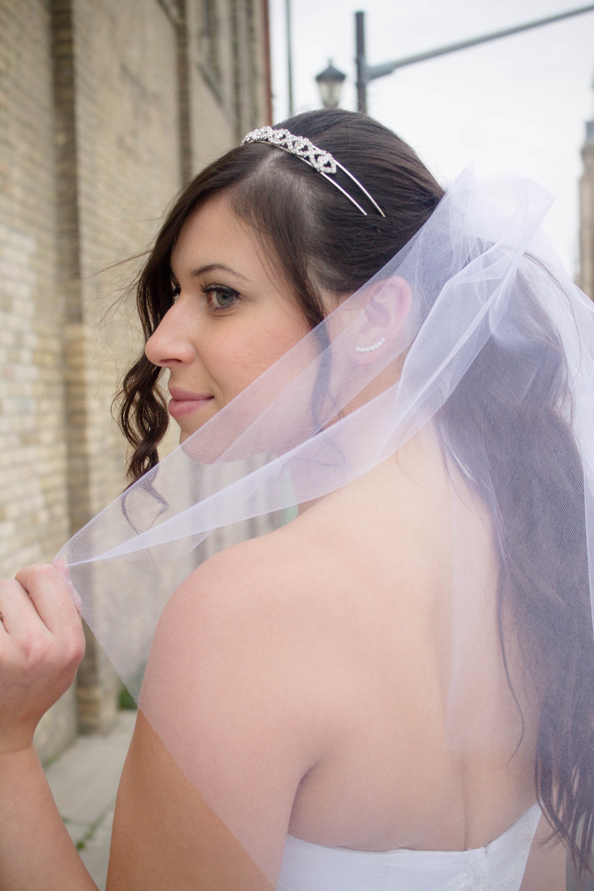 Sheer Sparkle Bridal Veil in White - elbow length Charleston Two Tier Bead, Diamante and Pearl Edge Elbow  main image 4