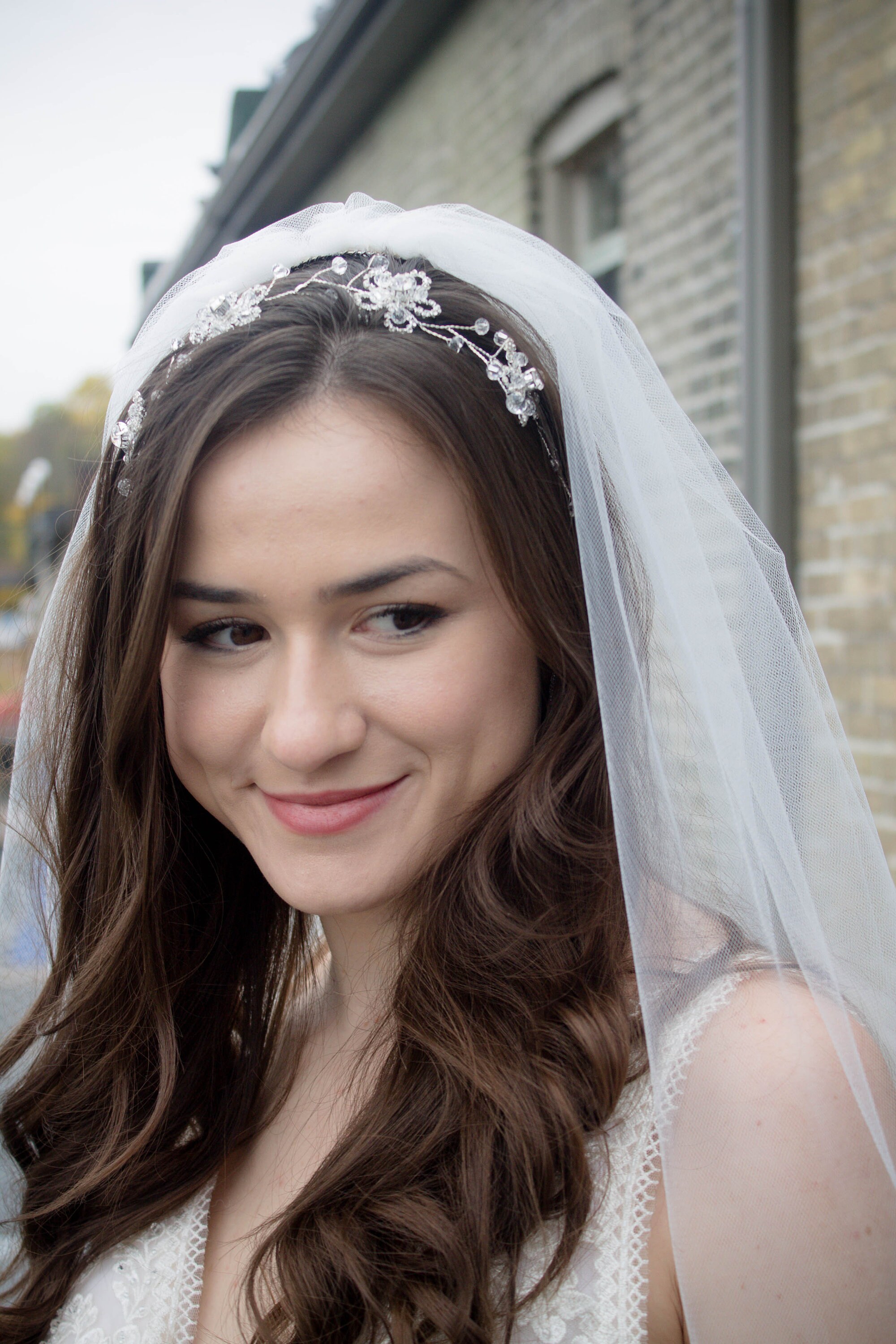 Sheer Sparkle Bridal Veil in White - elbow length Charleston Two Tier Bead, Diamante and Pearl Edge Elbow  main image 2
