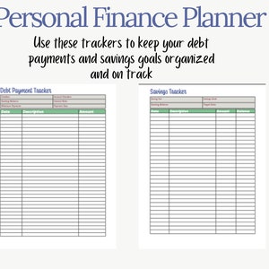 Puede incluir: Un planificador financiero personal imprimible con dos tablas, una para pagos de deudas y otra para ahorros. Las tablas tienen columnas para la fecha, la descripci&oacute;n, la cantidad y el saldo.