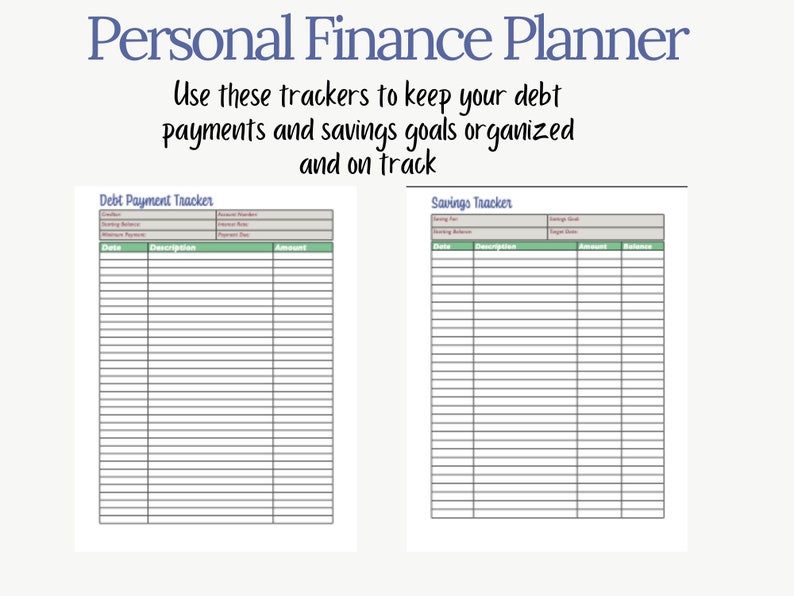 Puede incluir: Un planificador financiero personal imprimible con dos tablas, una para pagos de deudas y otra para ahorros. Las tablas tienen columnas para la fecha, la descripci&oacute;n, la cantidad y el saldo.