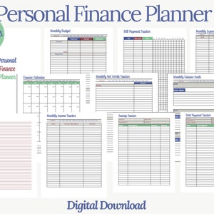 Puede incluir: Un planificador financiero personal imprimible de 10 p&aacute;ginas, que incluye un presupuesto mensual, un rastreador de pagos de facturas, un rastreador de gastos mensuales, un calendario financiero, un rastreador de patrimonio neto mensual, objetivos financieros mensuales, un rastreador de ingresos mensuales, un rastreador de ahorros y un rastreador de pagos de deudas.