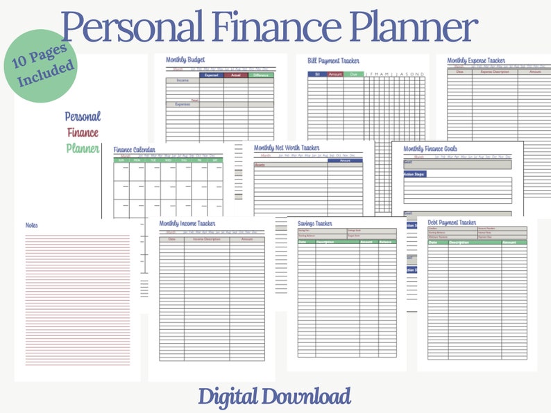 Puede incluir: Un planificador financiero personal imprimible de 10 p&aacute;ginas, que incluye un presupuesto mensual, un rastreador de pagos de facturas, un rastreador de gastos mensuales, un calendario financiero, un rastreador de patrimonio neto mensual, objetivos financieros mensuales, un rastreador de ingresos mensuales, un rastreador de ahorros y un rastreador de pagos de deudas.