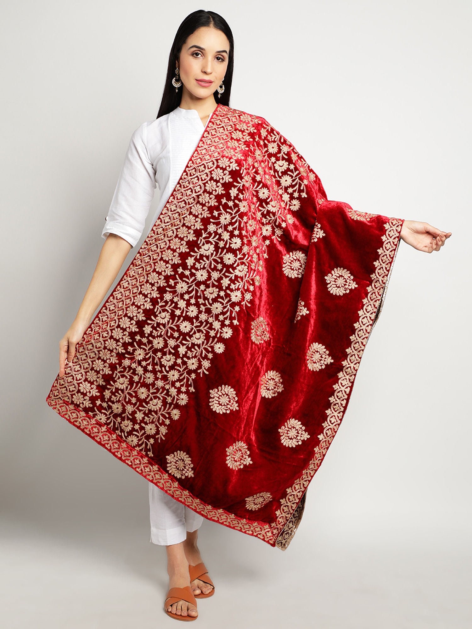 gown with velvet dupatta