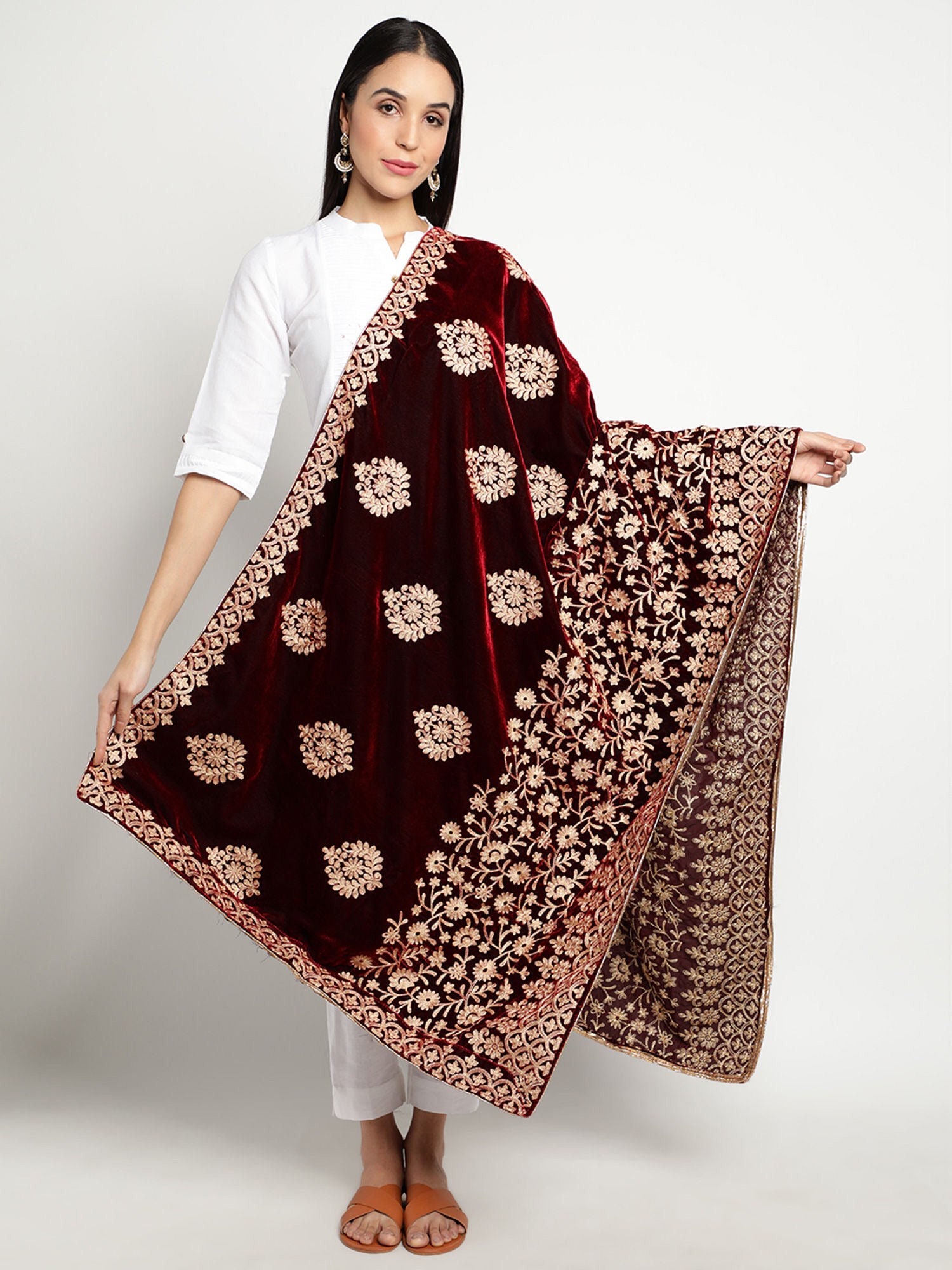 gown with velvet dupatta