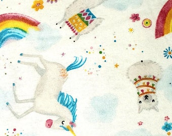 Unicorns and Llamas on Bright White Comfy Cotton FLANNEL from A. E. Nathan. Quilting/Craft/Kids/Baby/Nursery FLANNEL Fabric. .