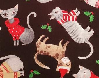 Christmas Sweater Cats on Black Cotton  Fabric from Timeless Treasure. Quilting/Craft/Apparel Fabric.