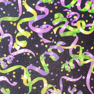 Mardi Gras Steamers and Confetti on Black Cotton Fabric from Timeless Treasures. Quilting/Craft/Apparel Fabric.