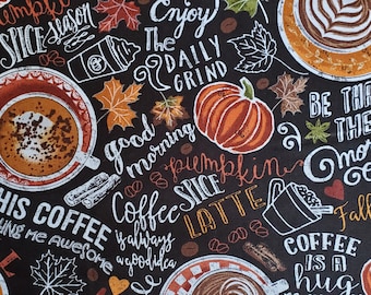 Pumpkin Spice Coffee Shop Cotton Fabric from Timeless Treasures. Quilting/Craft/Apparel/Home Decor/Fall Fabric
