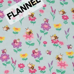 Busy Bees and Flowers on Light Blue Comfy Cotton Lightweight FLANNEL buy A. E. Nathan. Quilting/Craft/Kids/Baby/Nursery FLANNEL Fabric.