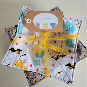 Gnome Bee Bowl Cozy/ Choice of 2 different backings. All Cotton. Microwaveable Bowl Cozy. Handmade. Make Great Gifts! Priced for Set of 2.