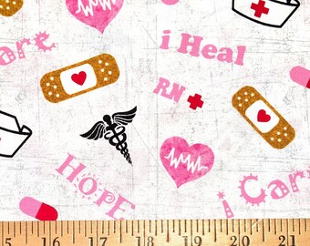 Nurse I Care Cotton Fabric  in Pink from Sykel Enterprises. Quilting/Nurse/Medical/Hospital Fabric