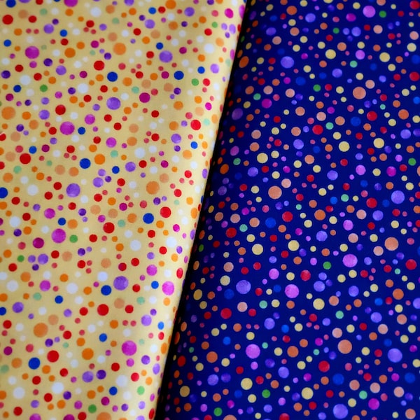 Full Bloom Multicolored Dots on Blue /Yellow Cotton Fabric from P&B Textiles. Quilting/Craft/Apparel/Home Decor Fabric.