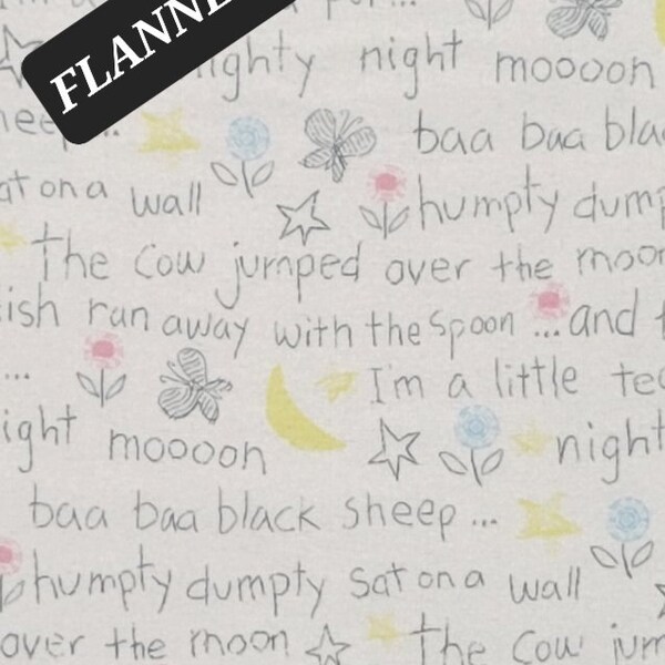 Nursey Rhymes Comfy Kids Print Cotton Flannel from A.E. Nathan. Priced per 1/2 Yard.