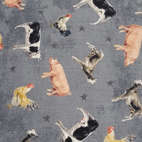 Farmhouse Chic Barnyard Animals Gray Cotton Fabric from Wilmington Prints. Quilting/Cow/Pig/Chicken/Rustic Fabric.