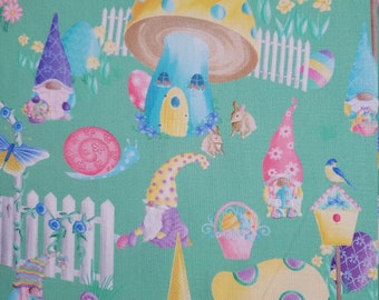 Gnome Garden Party Green Cotton Easter Fabric by Benartex. Spring/Gnome/Garden/Easter/Quilting/Sewing/Craft Fabric. Priced per 1/2 Yard.