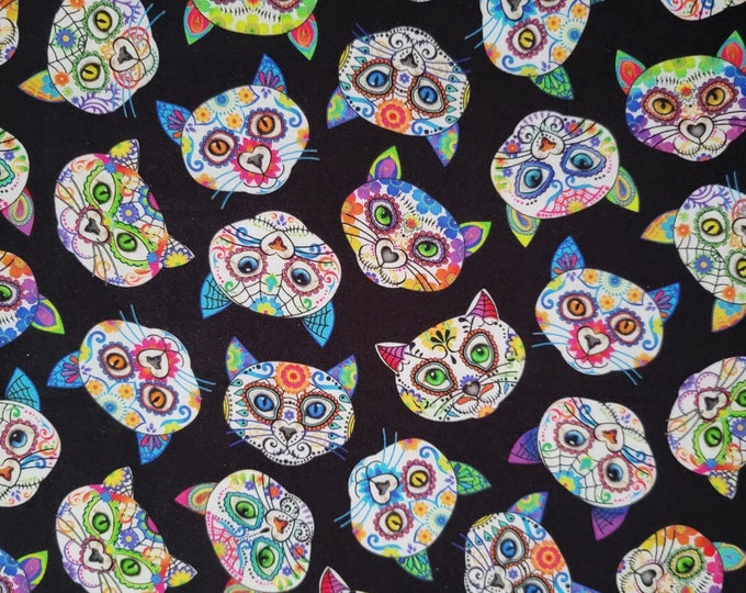 Day of the Dead Cat Head on Black Cotton Fabric by Timeless Treasures ...