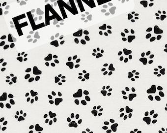Black Paw Print on White Cotton Comfy Lightweight FLANNEL by A. E. Nathan. Quilting/Sewing/Craft/Nursery/Dog/Cat/Baby/Kids FLANNEL Fabric.