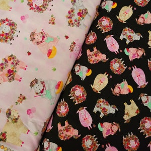 Knitting Sheep on Pink or Black Floral Cotton Fabric from Timeless Treasures. Craft/Quilting/Apparel/Home Decor Fabric.