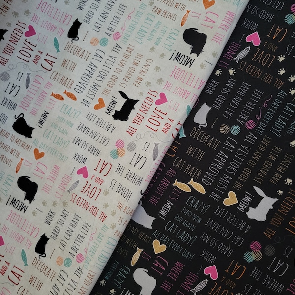 Purrfect Partners Cattitude Phrases on Black or Beige Cotton Fabric from Wilmington Prints. Cat/Quilting/Apparel Fabric.