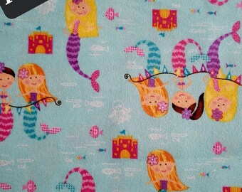 Mermaid  on Light Aqua Cotton Comfy FLANNEL by A. E. Nathan. Girl/ Kids/Nursery/Baby/Craft/Quilting FLANNEL Fabric.