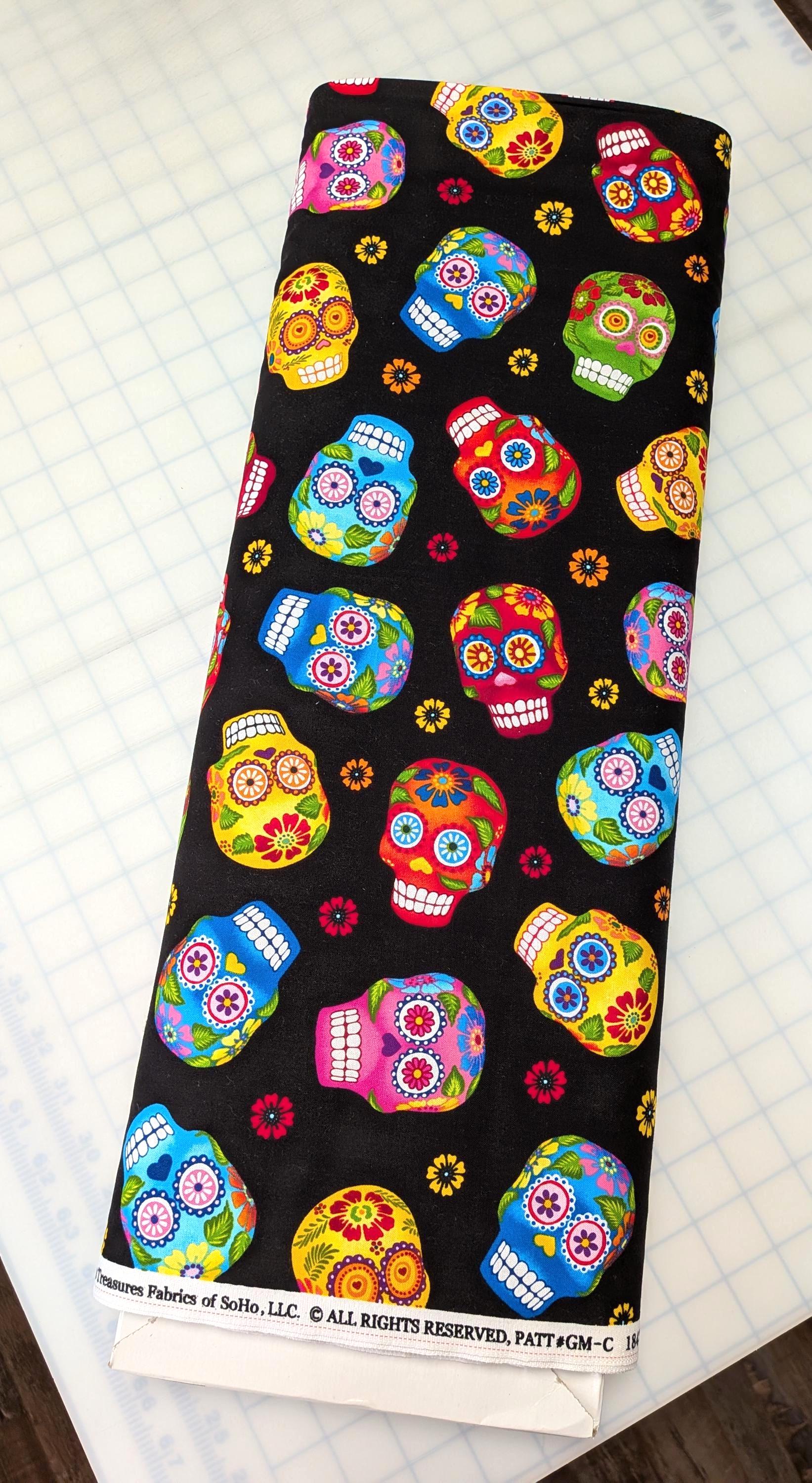 Colorful Sugar Skulls on Black Cotton Fabric From Timeless Treasures ...