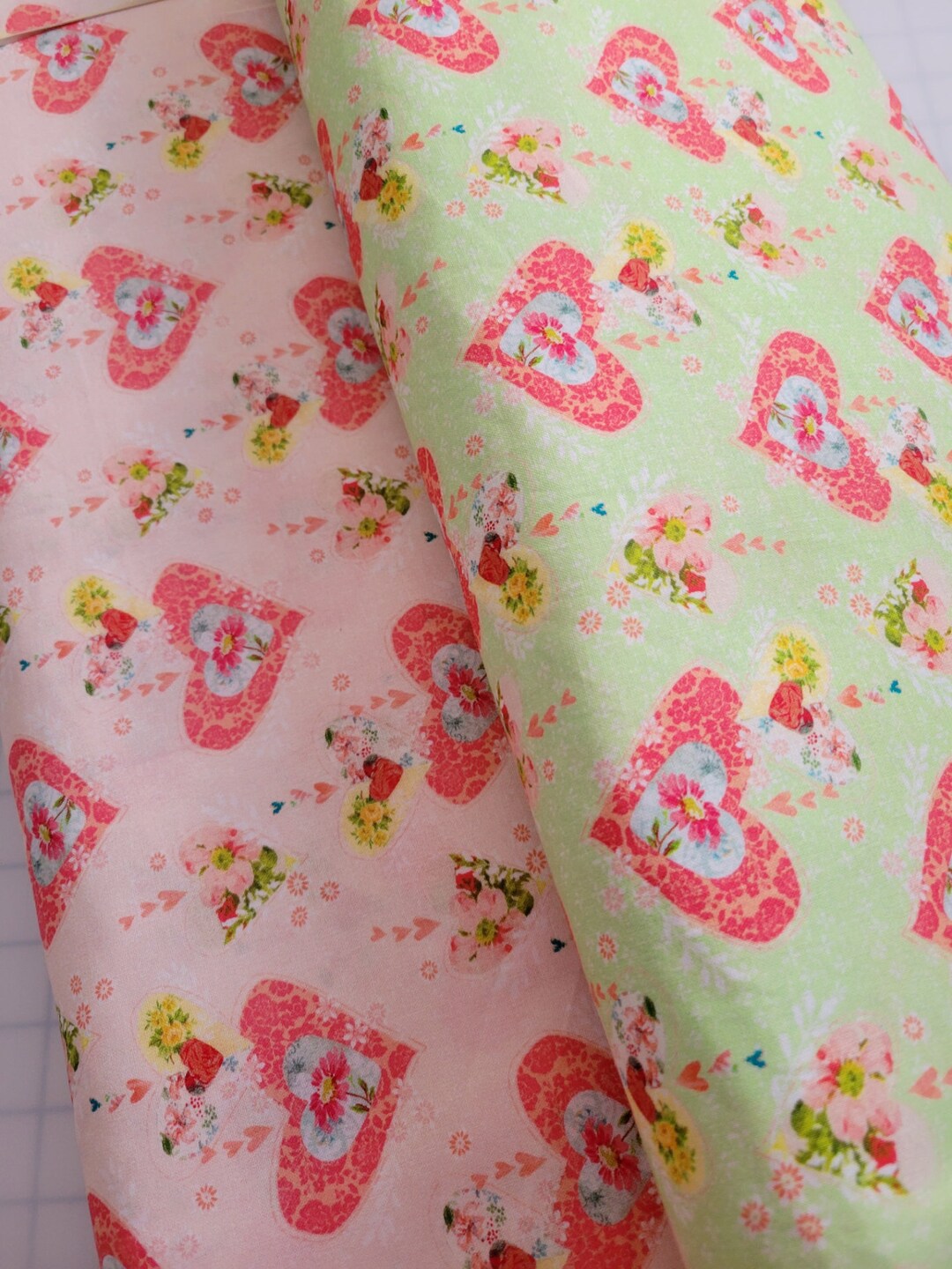 Be the Light Hearts Cotton Fabric From Benartex. Light Green or Pink