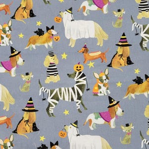 Halloween Dogs in Costume on Gray Cotton Lightweight Fabric by Dear Stella. Quilting/Craft/Apparel/Kids/Home Decor.
